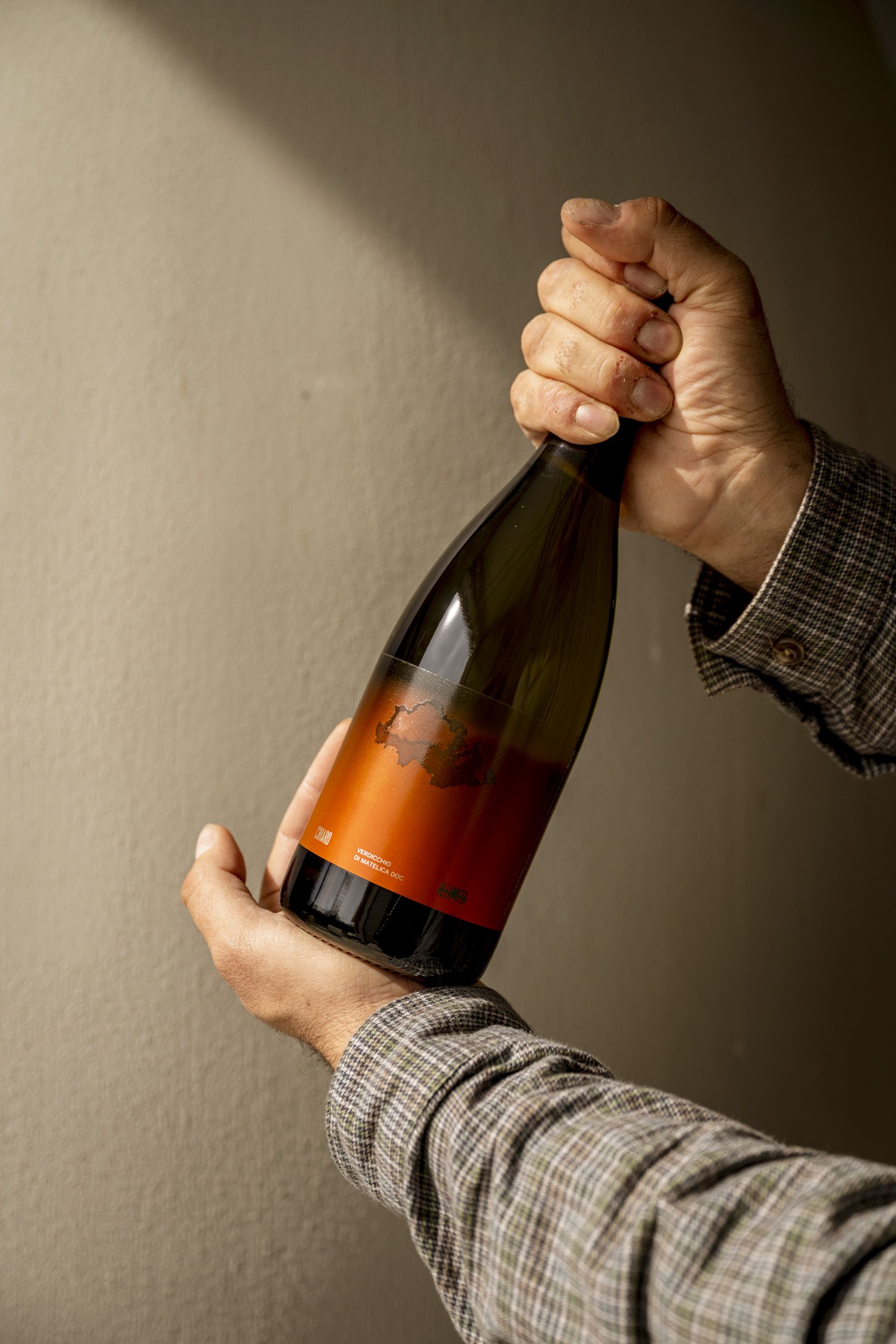 Bottiglia borgognotta per vino Chiaro di Cantina Illimita con total packaging e label design di Stefano Bracci